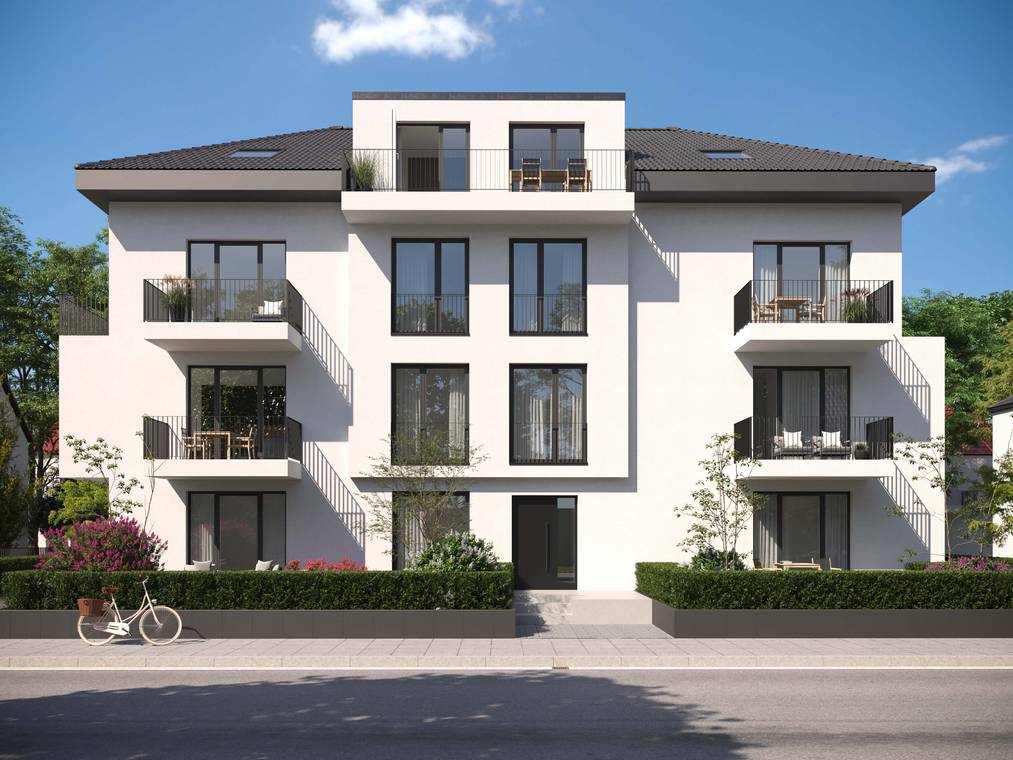 3D Visualization of an elegant residential building in Offenbach featuring modern architecture, dark roof, and landscaped greenery along the street.