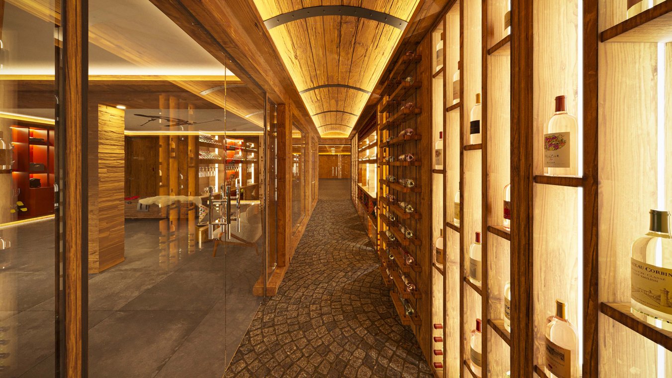 3D Visualization of a wine cellar with illuminated wine bottles, wooden ceiling, and rustic stone flooring.