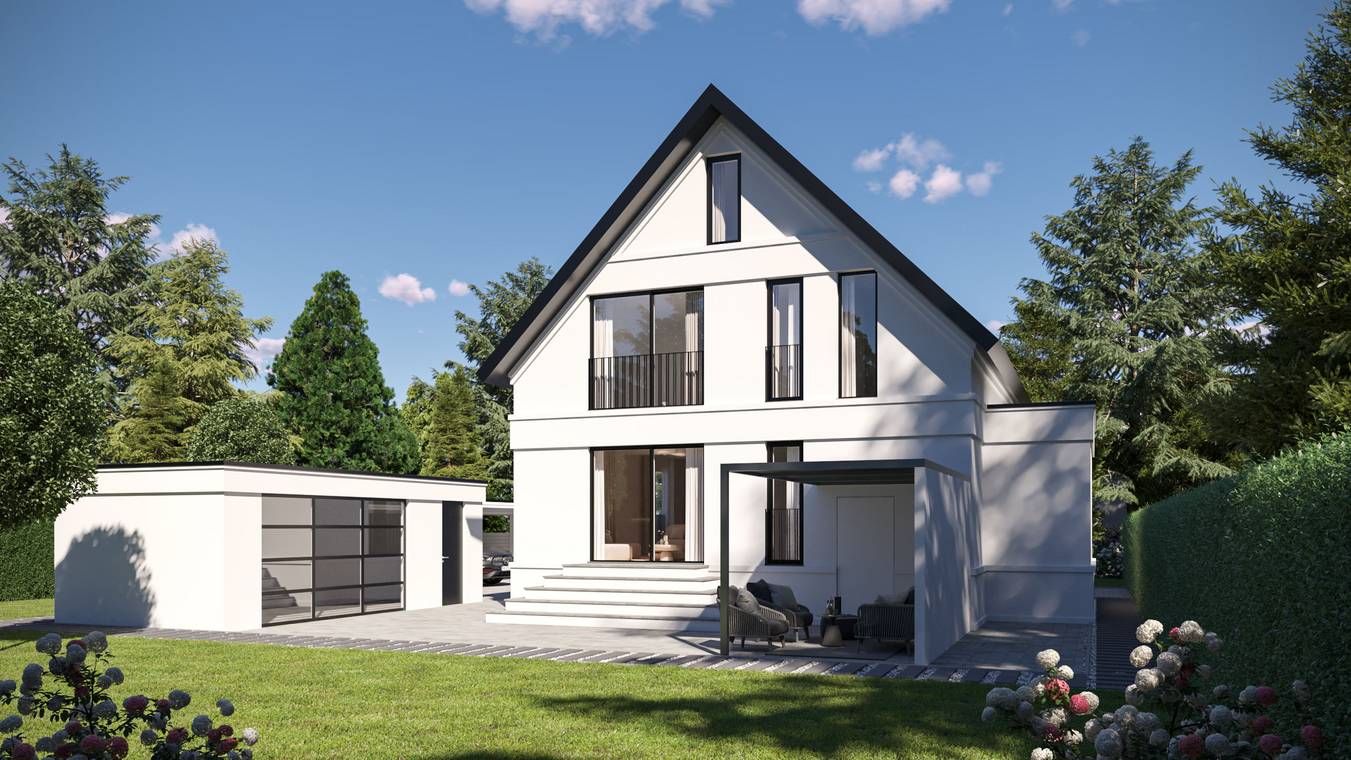 3D Visualisierung eines modernen Einfamilienhauses mit Garten in Hannover