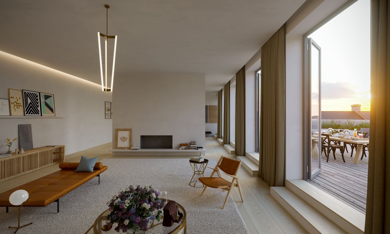 Architectural visualization of a Berlin penthouse living room bathed in the warm glow of sunset, with light streaming through the large windows.