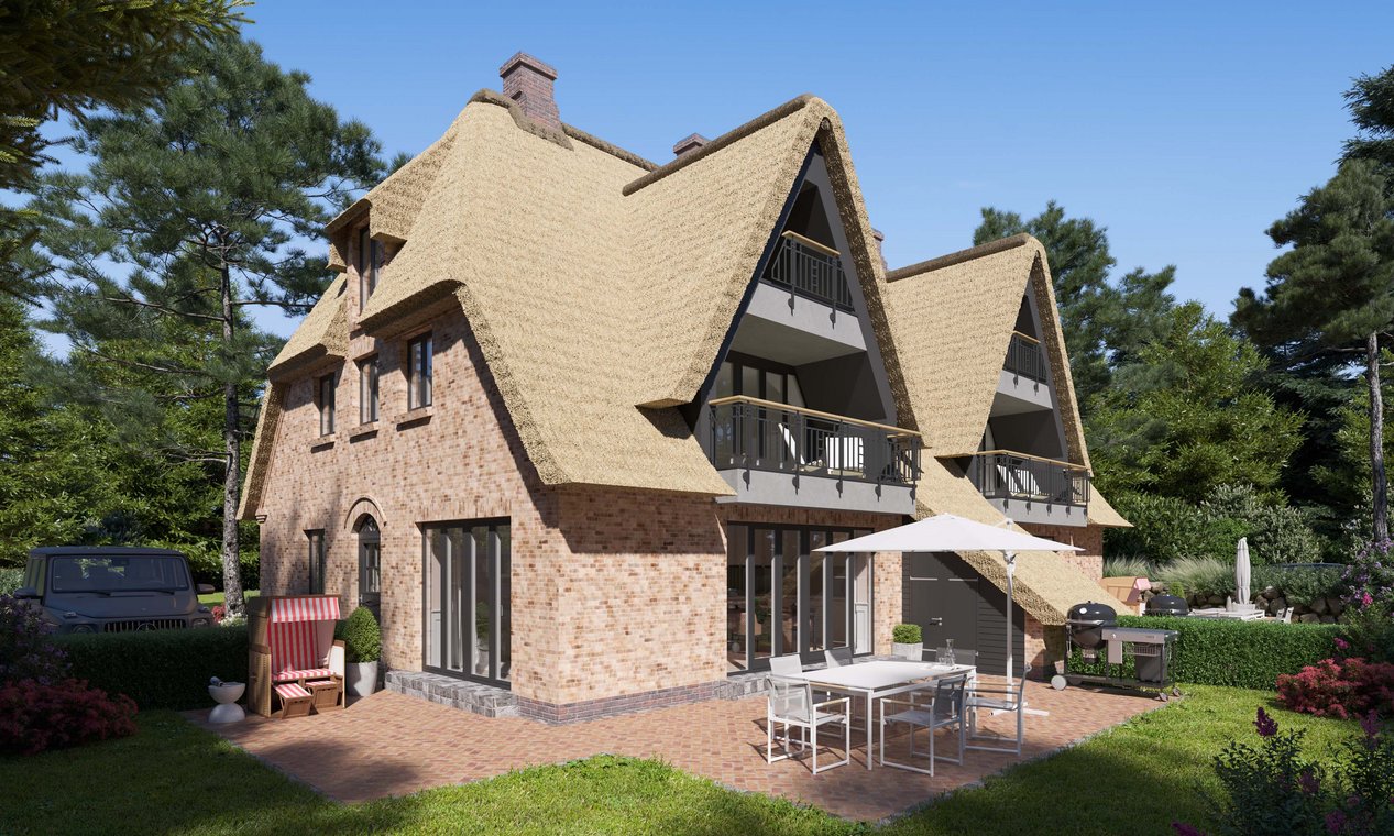Architekturvisualisierung eines Reetdachhauses mit großen Balkonen und moderner Terrasse mit Essbereich im Garten.