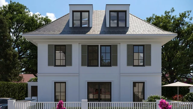 Elegant white villa with a classic hipped roof and shutters, showcased in a high-quality 3D Visualization by gmsvision.