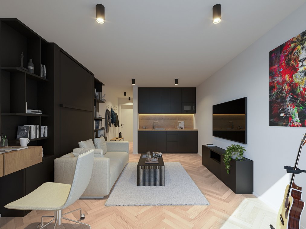 Interior rendering Leonsheart Augsburg – open apartment with modern kitchen, living room and workspace