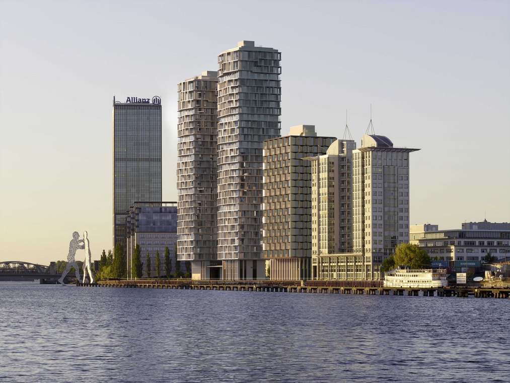 Residential towers by the Spree at sunset with Allianz Tower in the background, realistic 3D Visualization by gmsvision