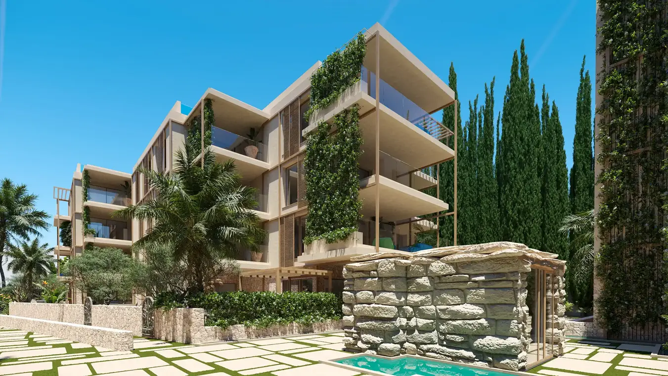 Architekturvisualisierung Außenansicht Fassade mit Begrünung – ATLANTIS Ibiza