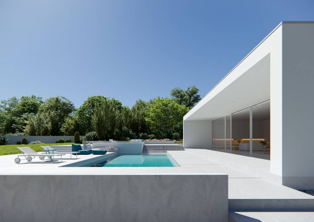 Minimalistische Villa mit Pool und großzügiger Terrasse – 3D Architekturvisualisierung modernes Wohnhaus Düsseldorf