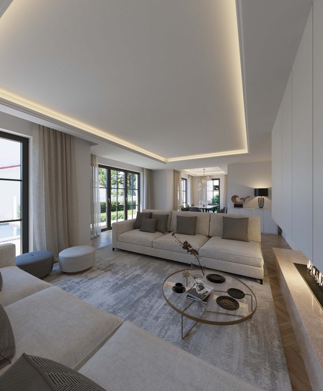 Spacious living room with modern sofas, fireplace, and large windows, presented in a 3D Visualization by gmsvision.