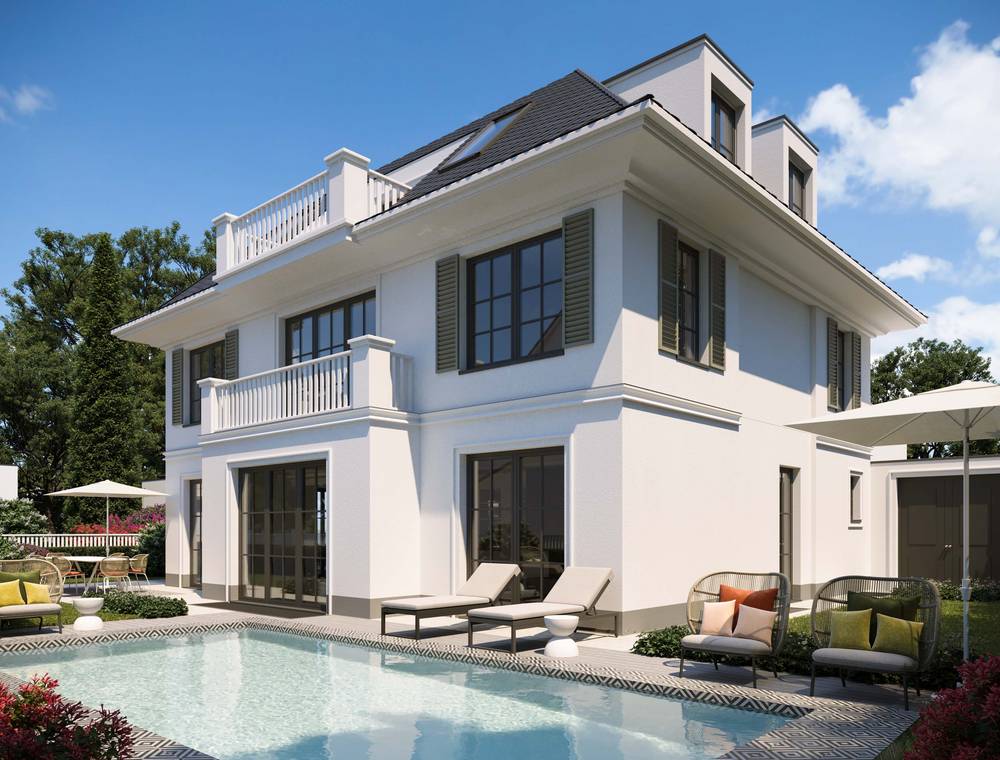 photorealistic 3D visualization of luxury city villa with pool and garden in Berlin