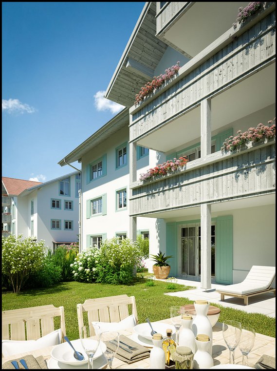 Architectural Visualization of an apartment building with rustic wooden balconies, floral decorations, and a garden lounge with sunbeds.