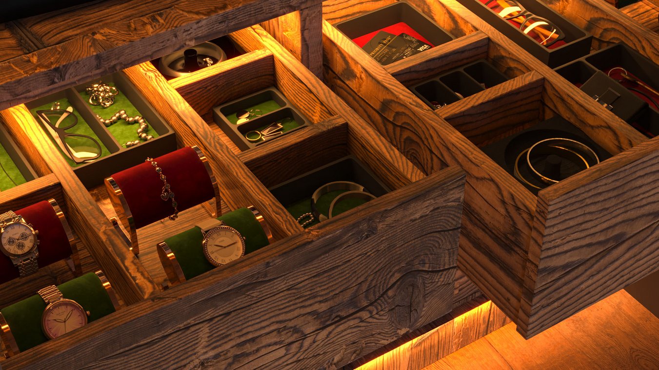 Detailed 3D Visualization of a luxury wooden drawer displaying elegant watches, bracelets, and jewelry under warm ambient lighting.