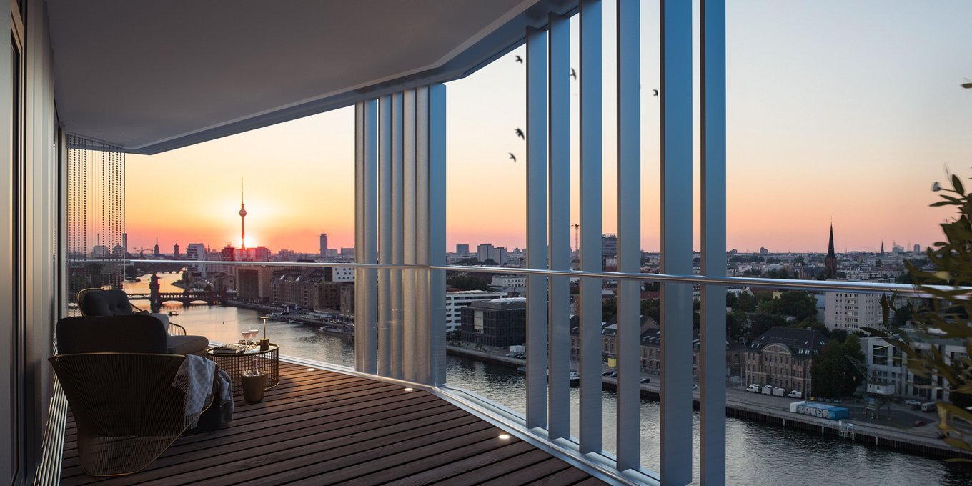 Balcony view at sunset with Berlin TV tower in the background, atmospheric 3D Visualization by gmsvision.