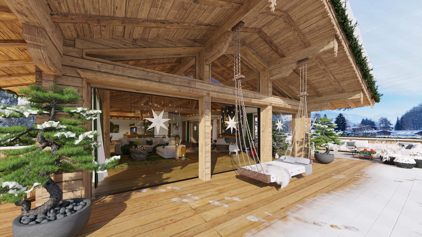 3D Visualization of a winter chalet terrace in Kitzbühel, featuring modern lounge seating and a snowy mountain backdrop