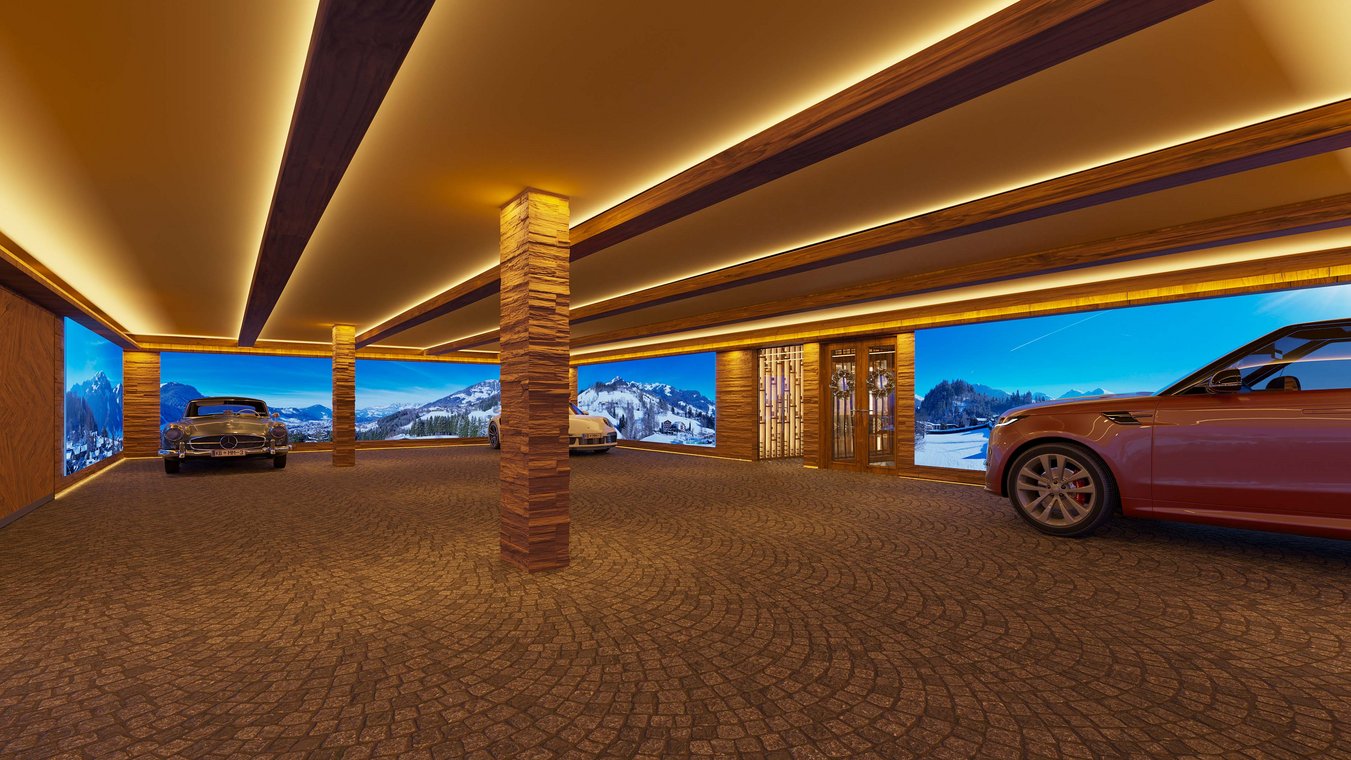 3D Visualization of a luxury underground garage with vintage cars, modern vehicles, and panoramic alpine wall screens.