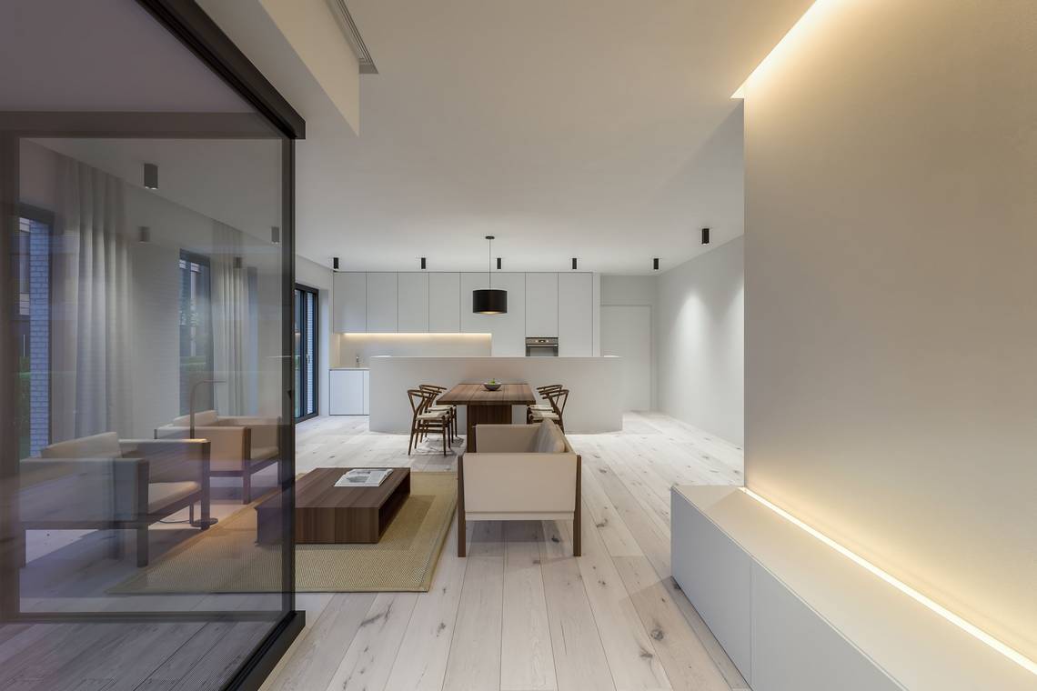 3d visualisierung eines modernen Interieurs mit offener Wohnküche, minimalistischer Einrichtung, weißen Oberflächen und natürlichem Holzdesign