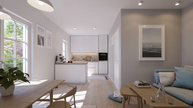 3d visualisierung einer modernen Ferienwohnung an der Ostsee mit hellem Wohn- und Essbereich, Holztisch, minimalistischer Küche und blauer Couch.