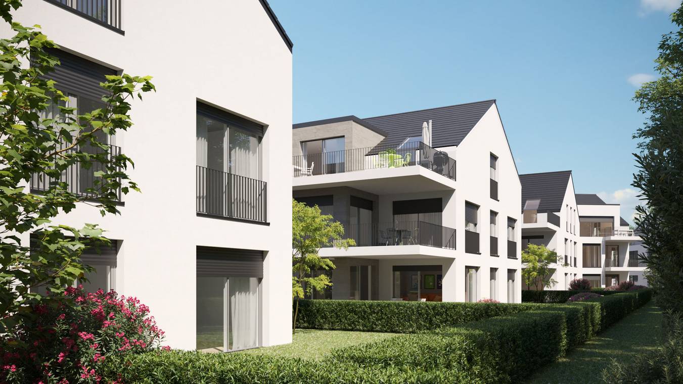 Architekturvisualisierung Wohnprojekt Salinenstraße Wiesbaden mit Balkonen und Gartenanlage