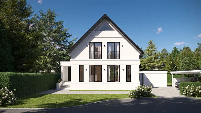 3D visualization single-family house Hannover – modern white facade with pitched roof and large floor-to-ceiling windows