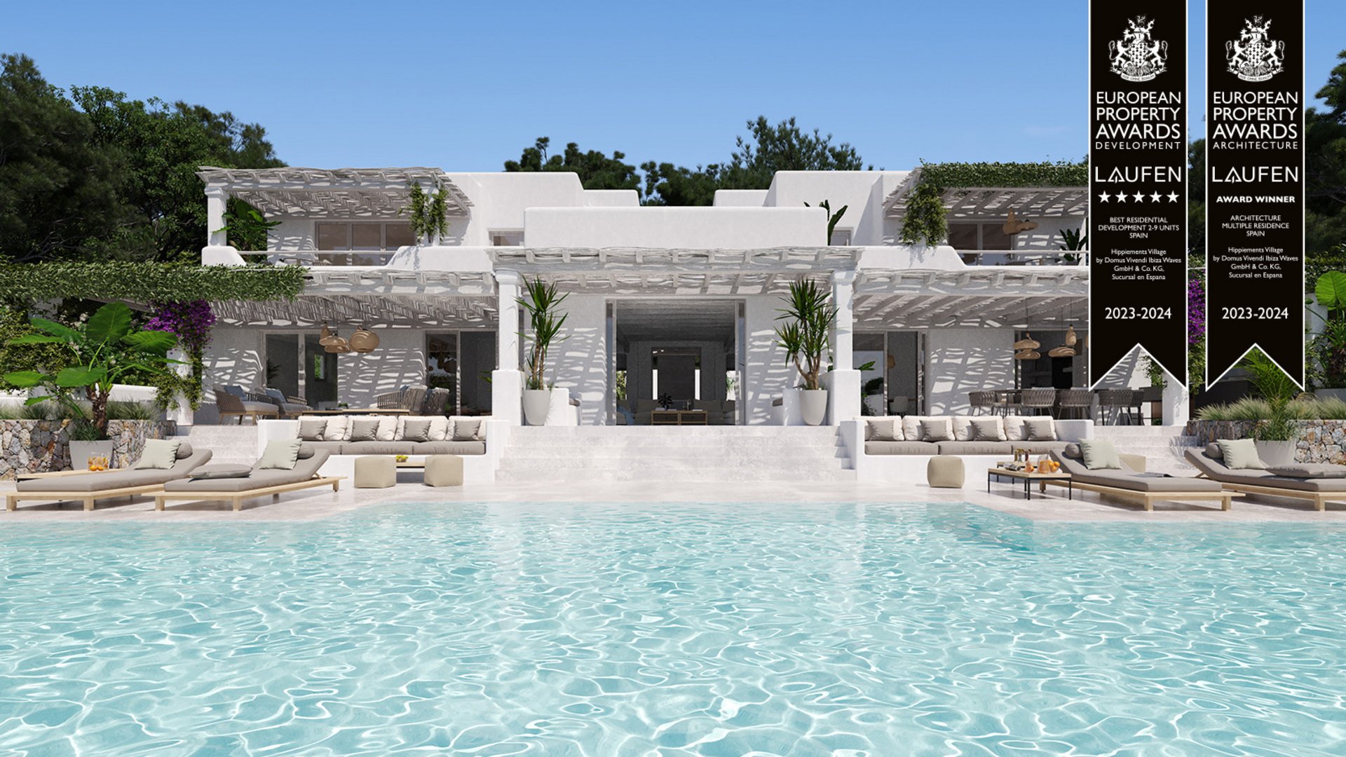 3D visualization of a luxurious white villa in Ibiza with a large pool, Mediterranean architecture, and elegant outdoor lounges – created by gmsvision. Winner of the 2023–2024 European Property Awards for Architecture and Residential Development.