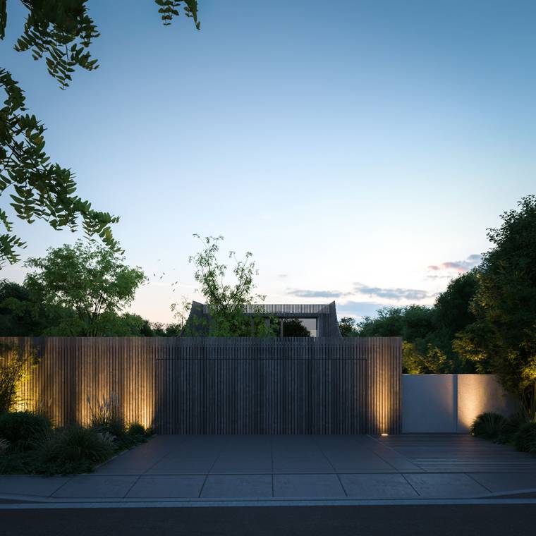 Architekturvisualisierung moderner Wohnarchitektur mit Eingangsbereich und Fassade in München