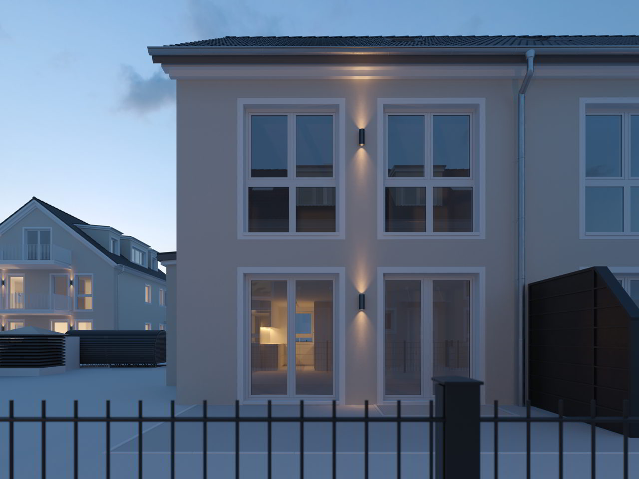 Evening 3D rendering of a modern semi-detached house with illuminated facade. The image is used for the perspective check to review architecture, lighting, and framing.
