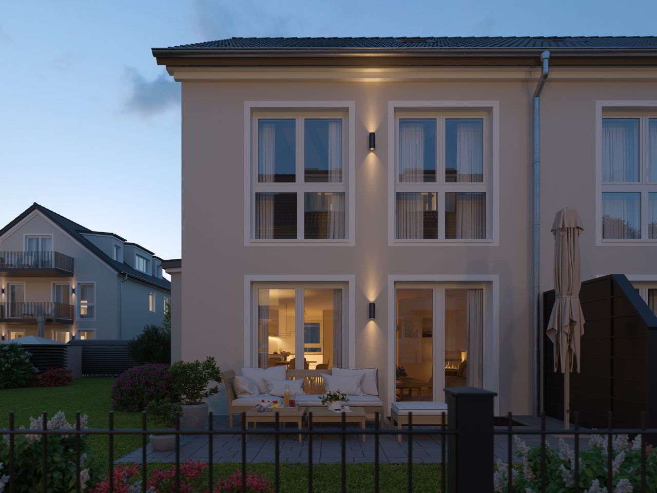 3D rendering of a modern semi-detached house at dusk with realistic textured facade, garden, and furnished terrace. The scene illustrates the application of materials, vegetation, and furniture for the textured preview.