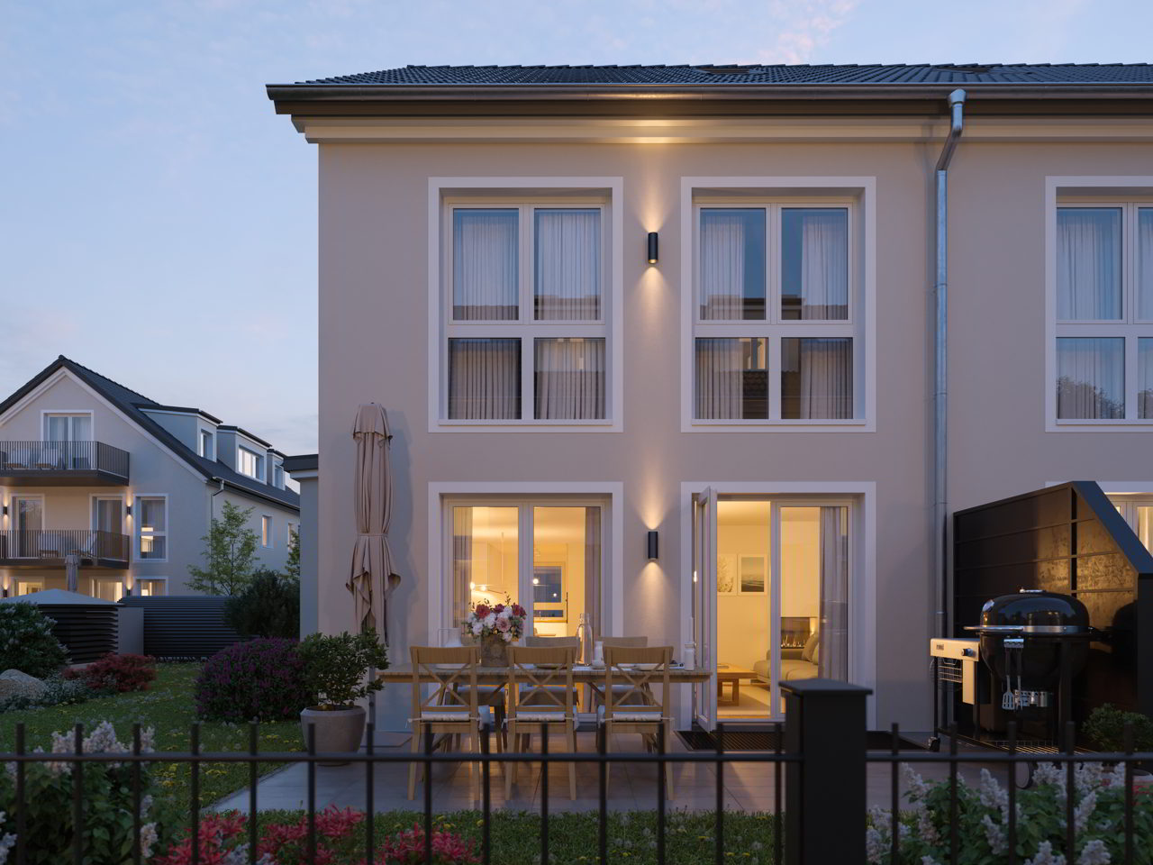Final 3D rendering of a modern semi-detached house with illuminated terrace, garden furniture, and barbecue in the evening light. The visualization represents the completed result after implementing all requested adjustments.