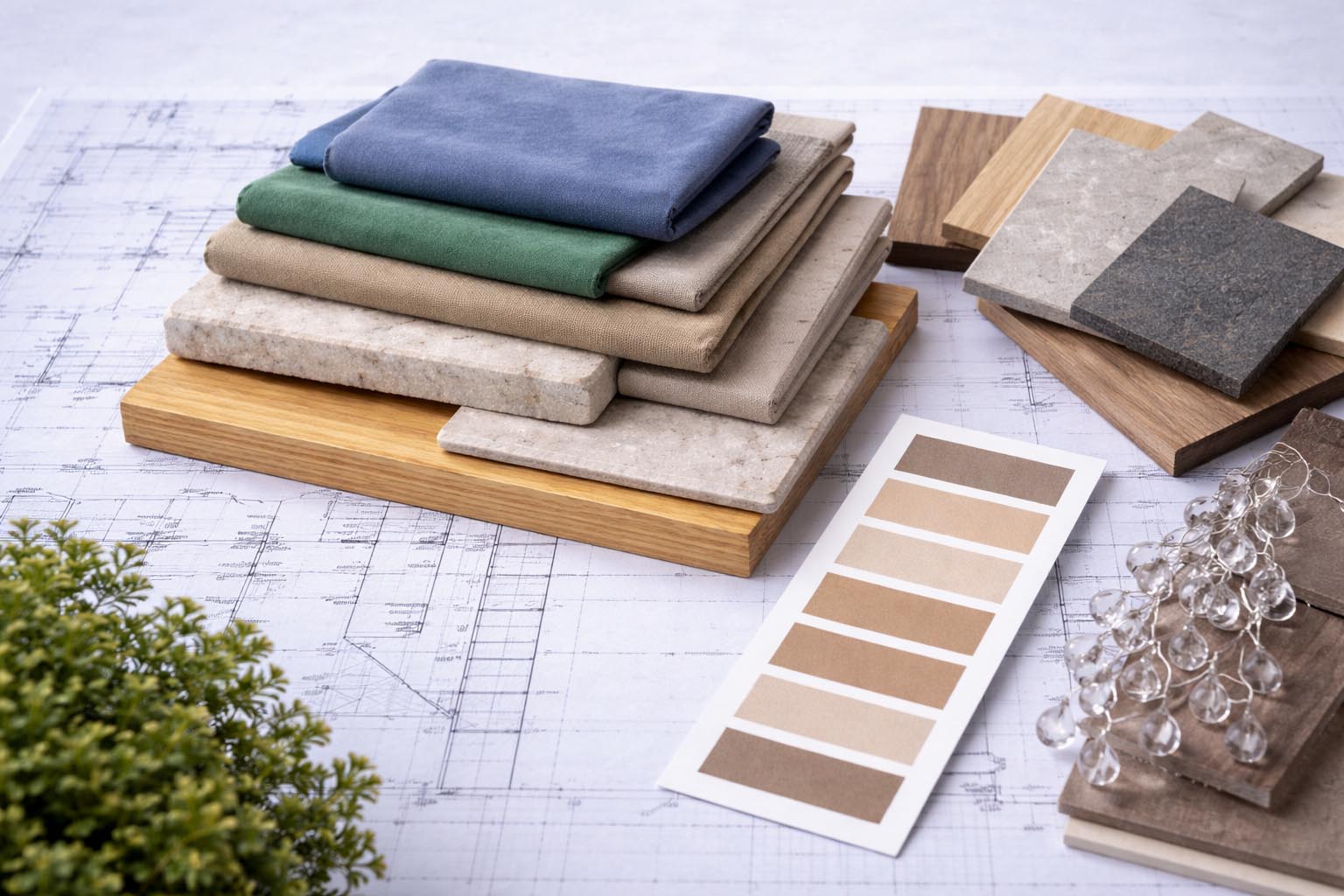 Materialauswahl für Architekturvisualisierung mit Stoffmustern, Holz, Stein und Farbpalette auf Bauplänen als Konzeptphase einer 3D-Visualisierung