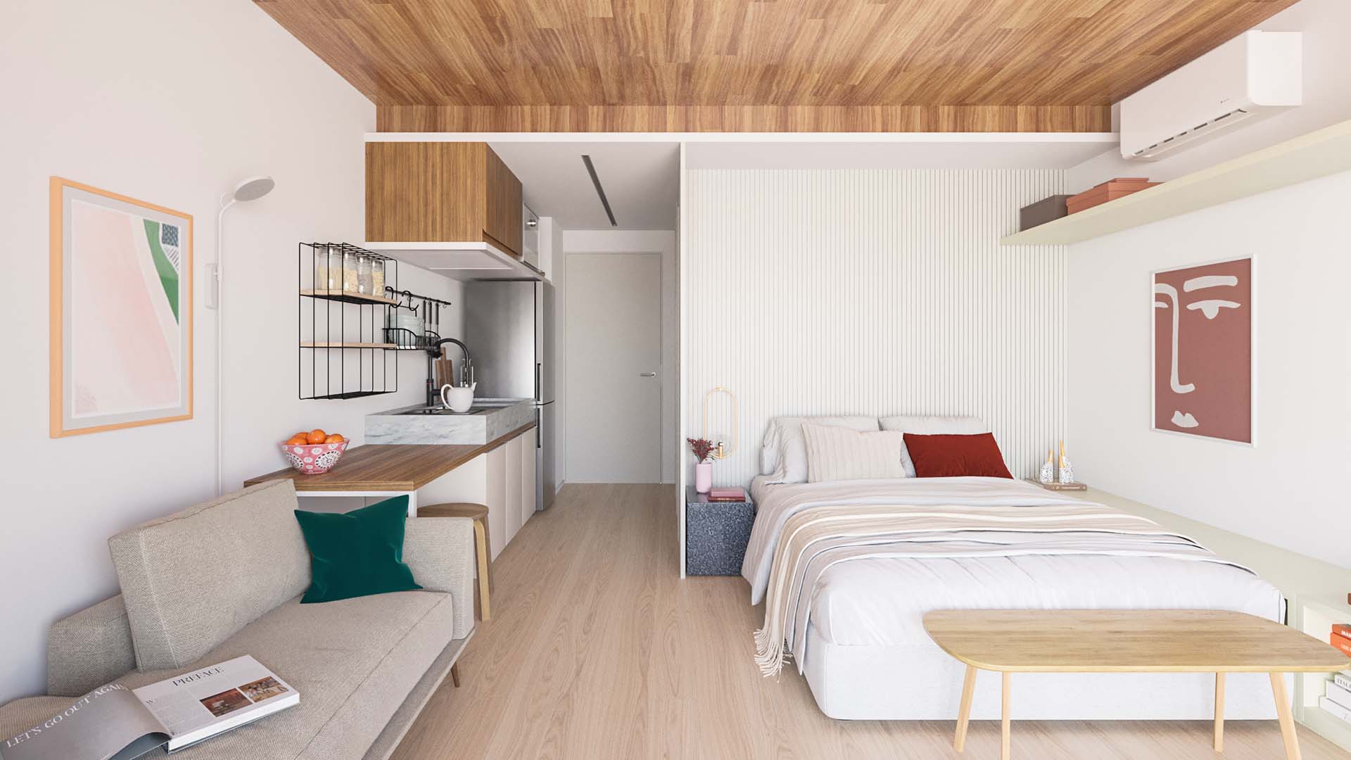 photorealistic architectural visualization interior light balance wood ceiling rendering