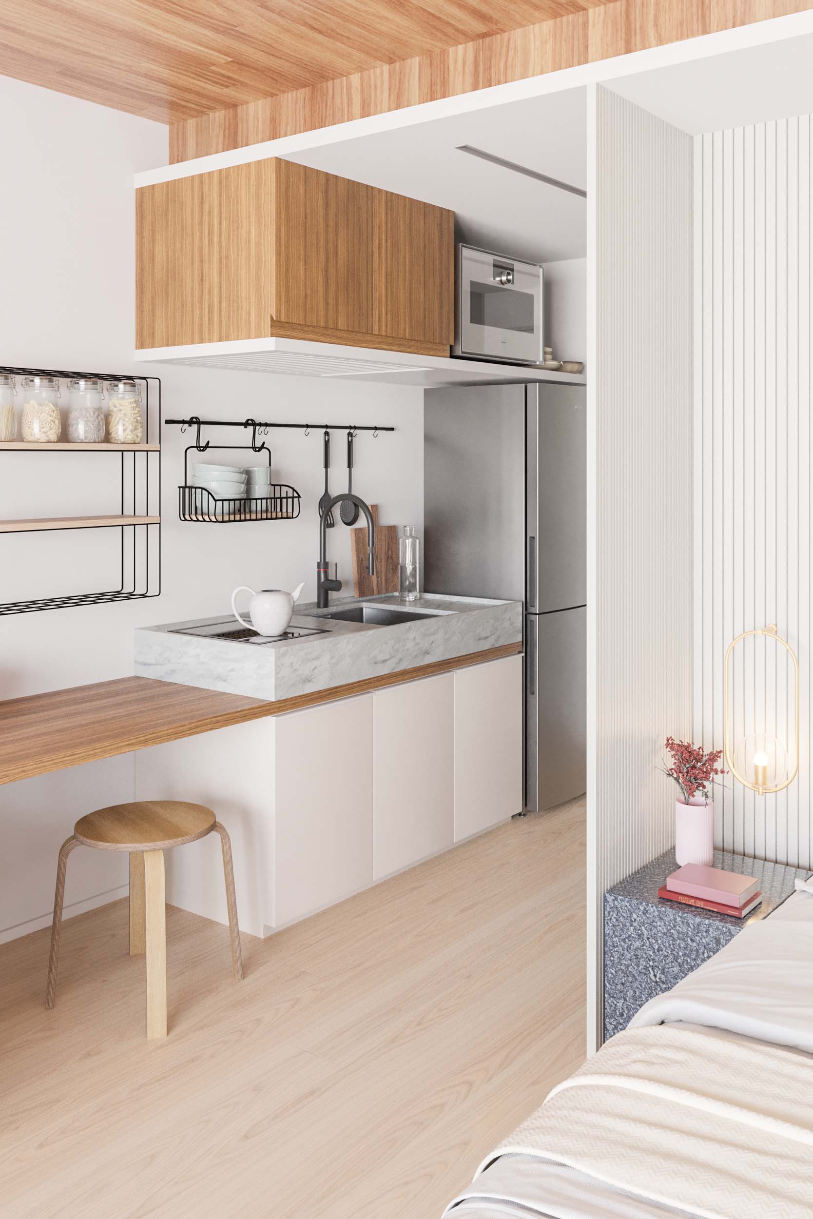 photorealistic architectural visualization material study kitchen wood marble interior rendering