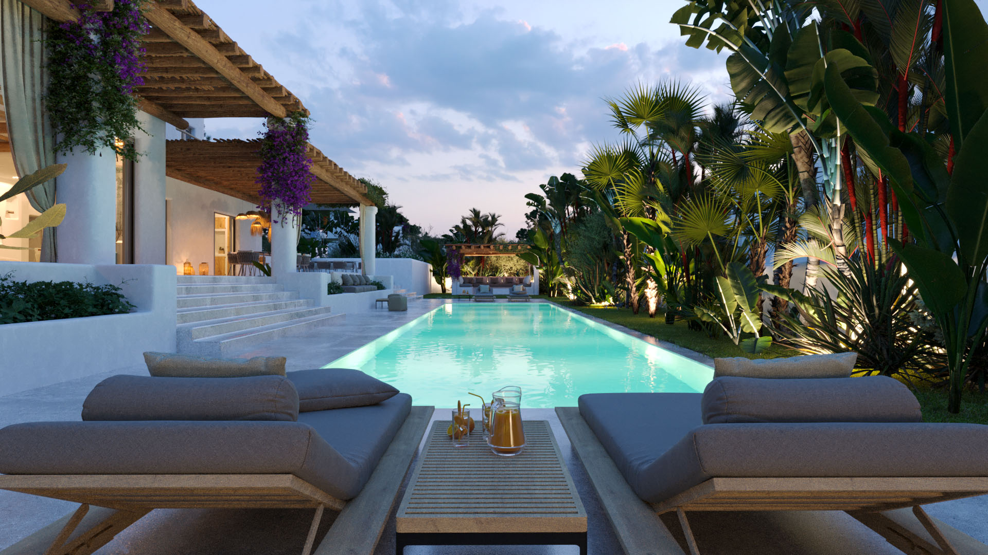 fotorealistisches 3D Rendering des Poolbereichs bei Abendstimmung mit tropischem Garten im Hippiements Village Ibiza