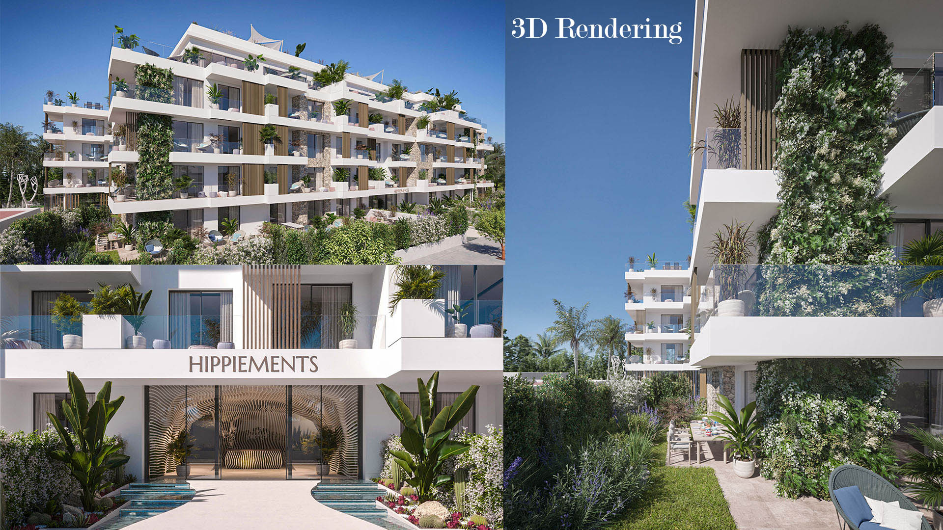 Architectural 3D renderings of the HIPPIEMENTS residential project in Ibiza during the design phase