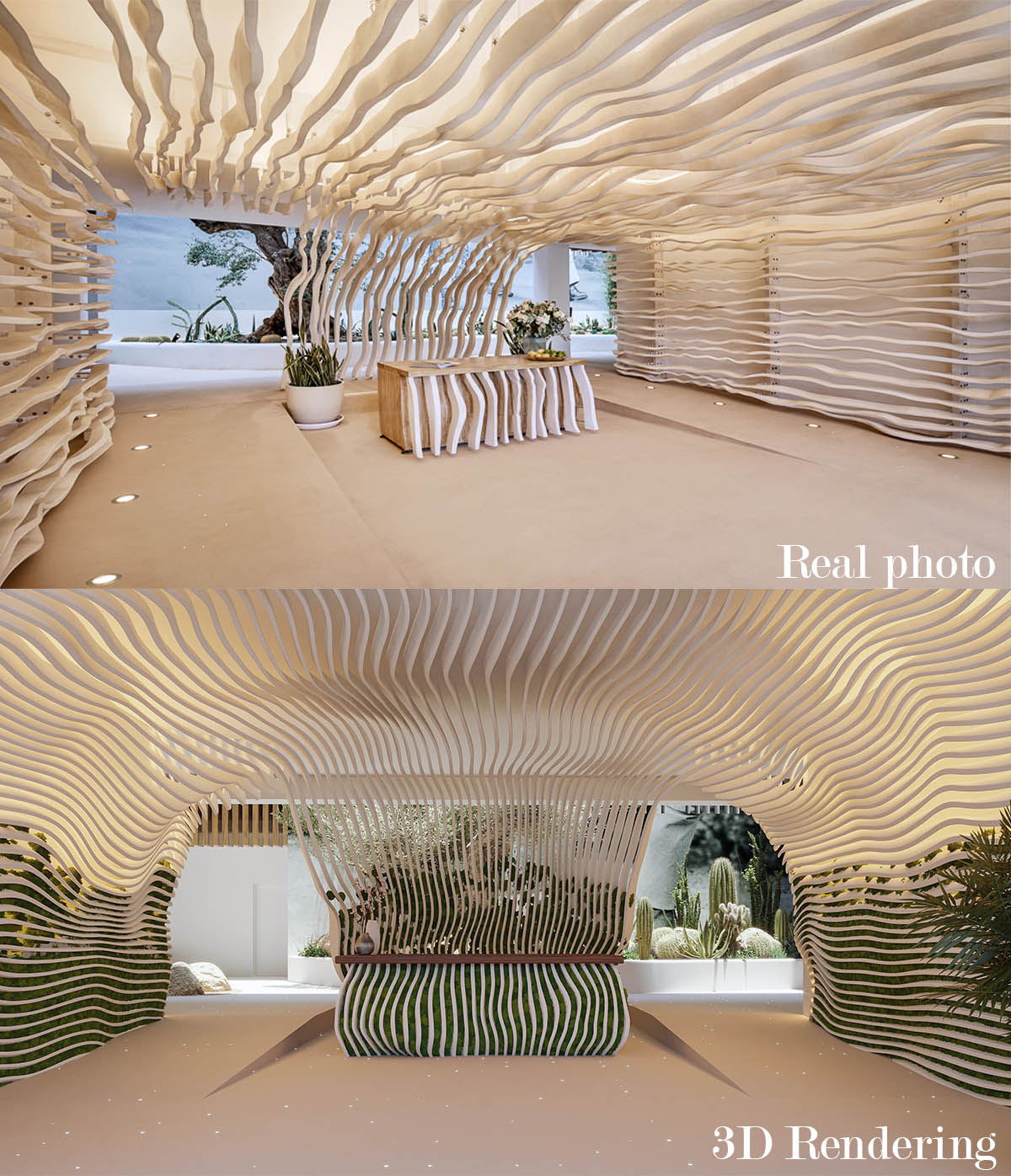 Comparison between architectural rendering and completed entrance area of the HIPPIEMENTS project in Ibiza