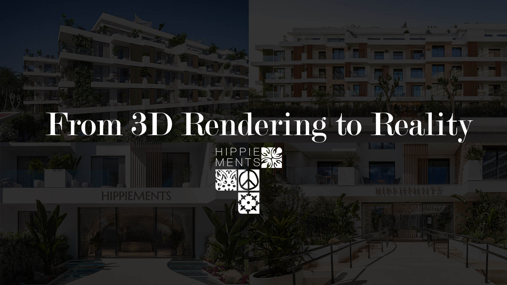 Comparison between architectural 3D rendering and completed HIPPIEMENTS residential project entrance and façade in Ibiza