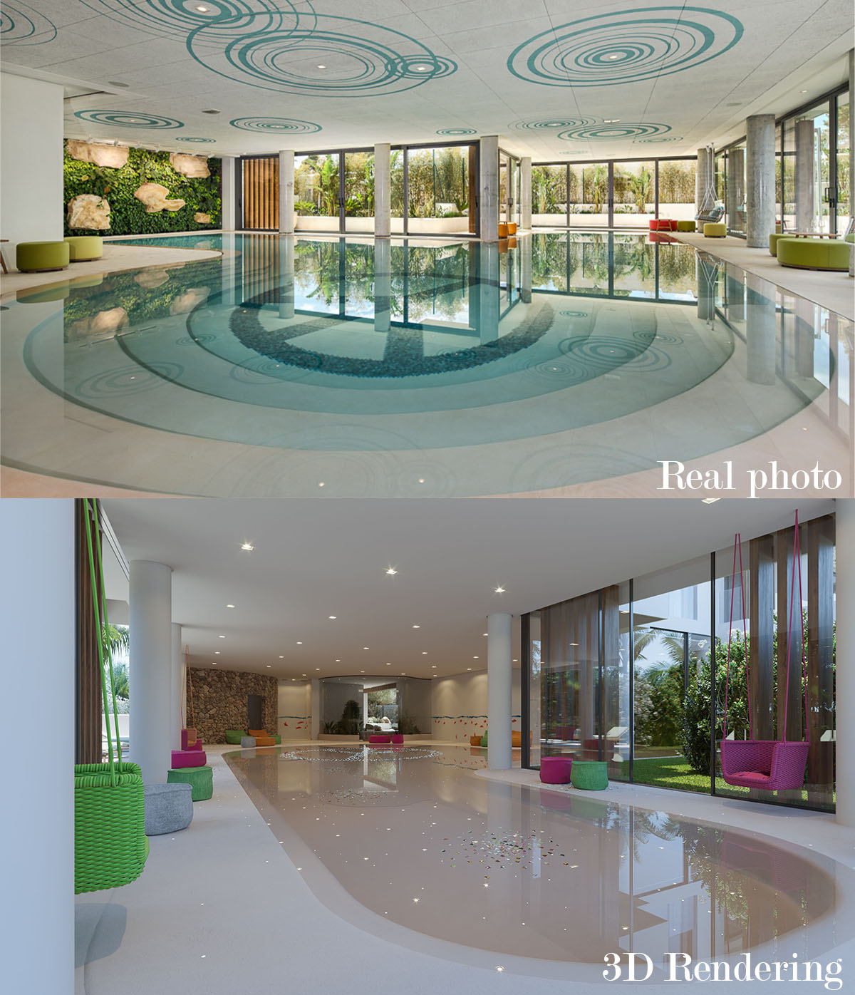 Comparison between architectural visualisation and completed wellness area at HIPPIEMENTS residential project Ibiza